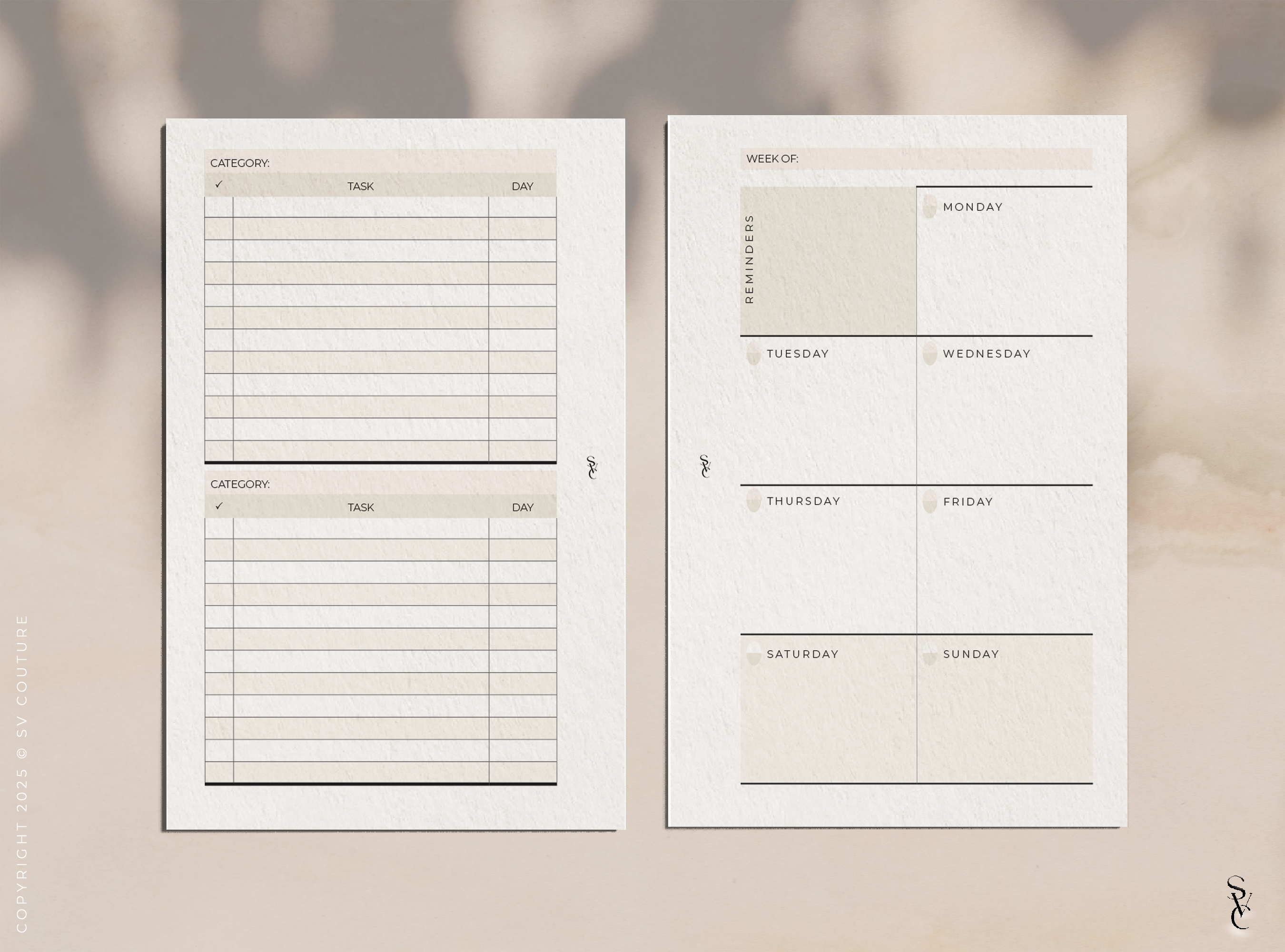 Weekly Overview Planner w/ Categorized Checklists