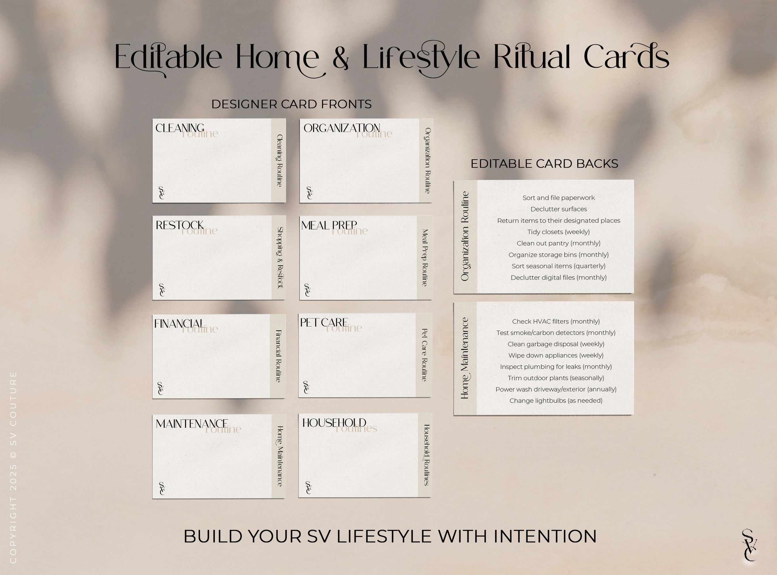 Home Management & Lifestyle Routine Cards (Editable)